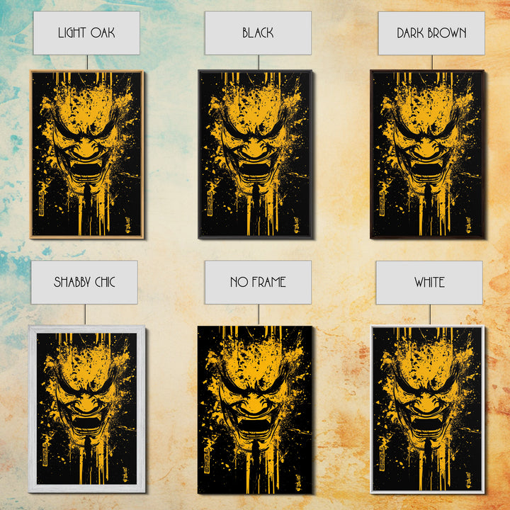 Mythic Dragon Mask Gold Canvas Print, Asian Inspired Splatter Style Art, Fierce Wall Decoration, Real Wood Frame