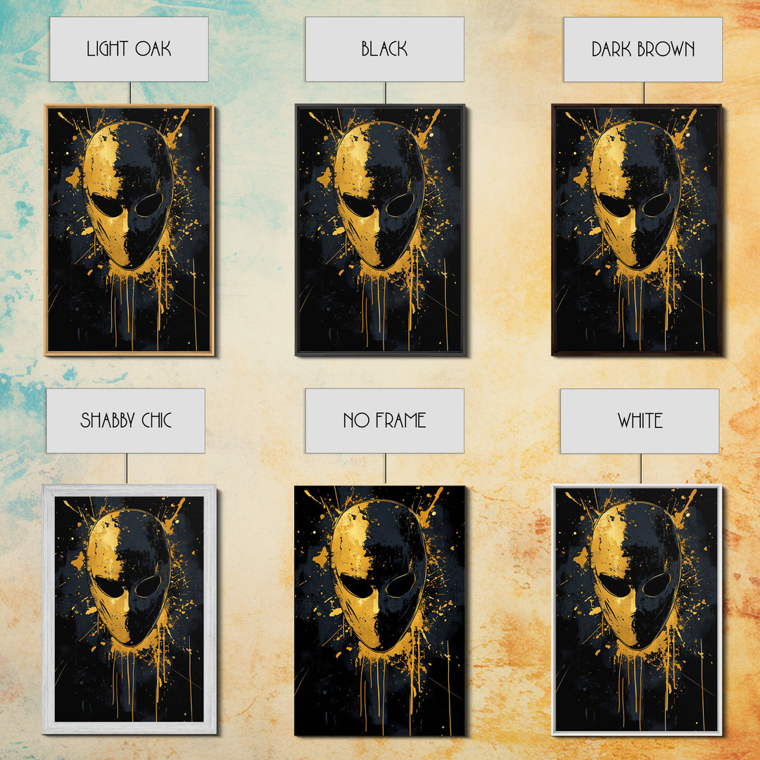Minimalist Mask Gold Canvas Print, Abstract Splatter Face Wall Art, Real Wood Frame, Contemporary Mask Decor
