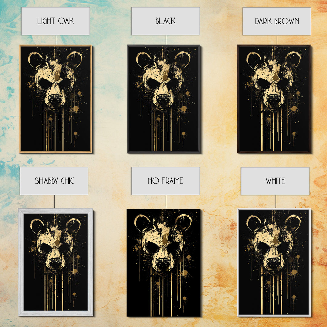 Bear Face Gold Canvas Print, Animal Splatter Wall Art, Real Wood Frame, Fierce Wildlife Artwork For Modern Decor