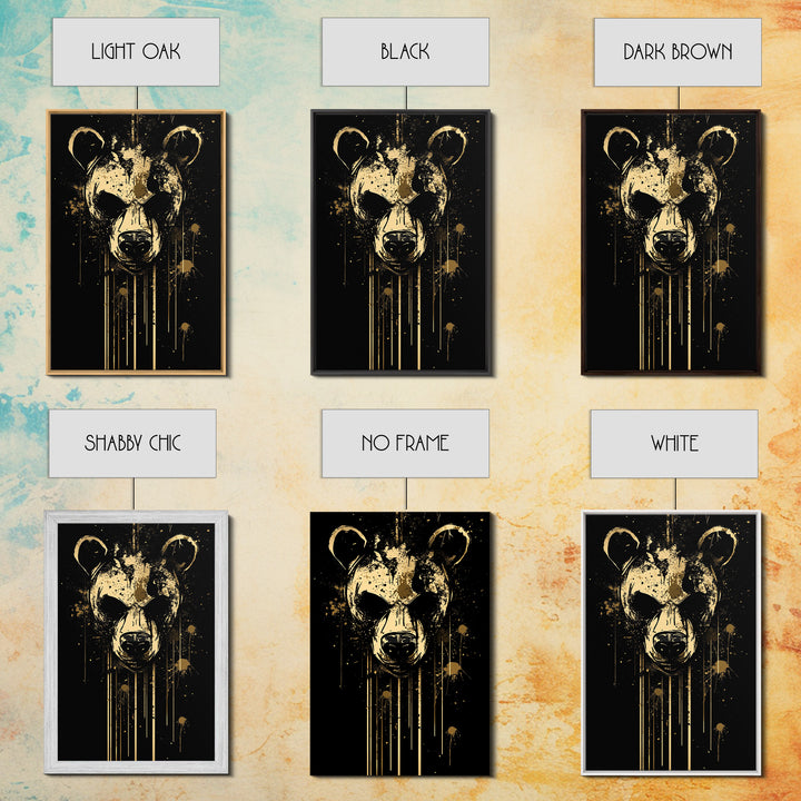 Bear Face Gold Canvas Print, Animal Splatter Wall Art, Real Wood Frame, Fierce Wildlife Artwork For Modern Decor