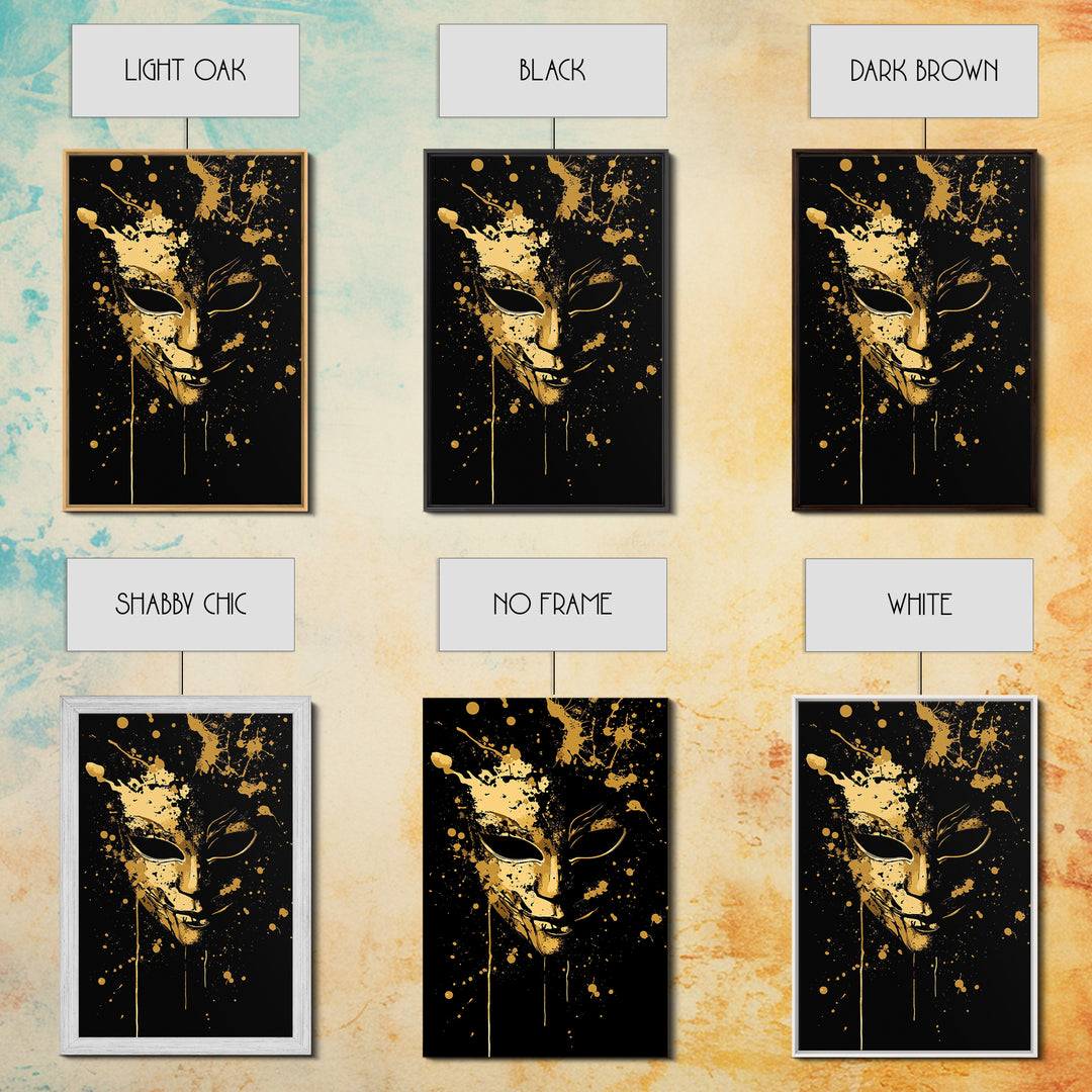 Mysterious Mask Gold Canvas Print, Abstract Splatter Face Wall Art, Real Wood Frame, Dark Modern Mask Artwork