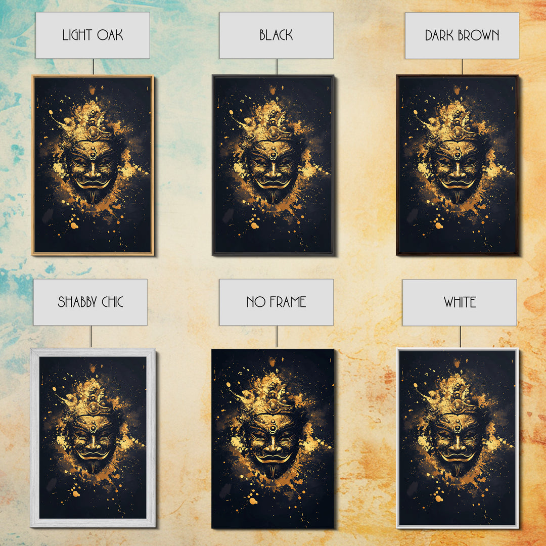 Ancient Mask Gold Canvas Print, Mystical Splatter Wall Art, Real Wood Frame, Bold Spiritual Mask Artwork For Home