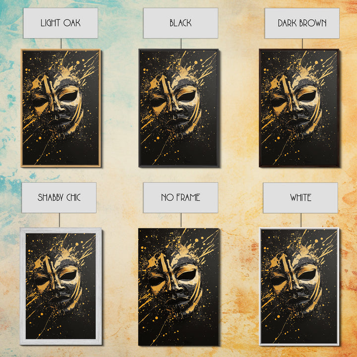 Samurai Oni Mask Gold Canvas Print, Japanese Splatter Artwork, Warrior Wall Art, Real Wood Frame, Bold Cultural Decor