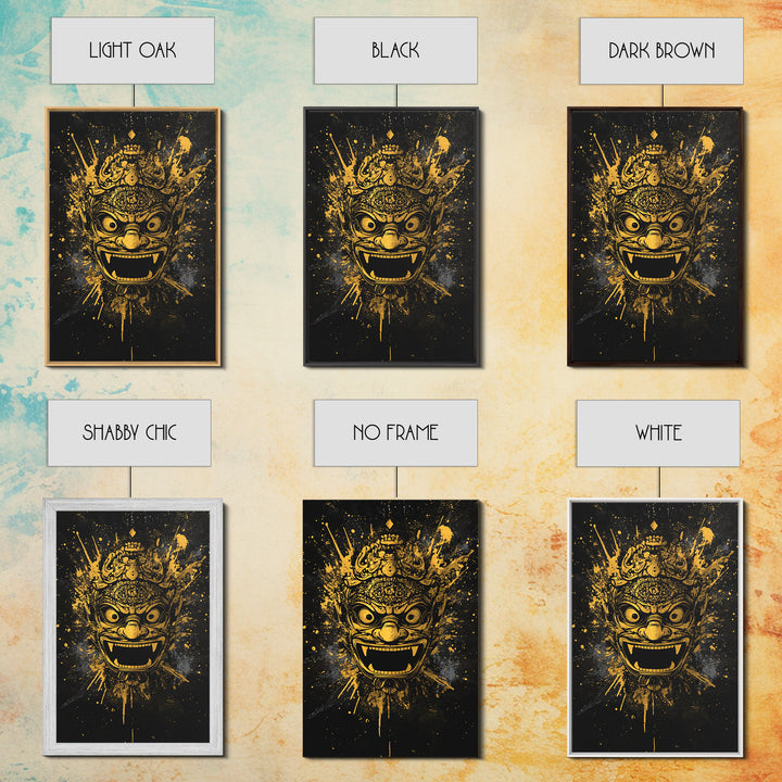 Balinese Barong Mask Gold Canvas Print, Tribal Wall Art, Mythical Creature Artwork, Real Wood Frame, Unique Home Decor