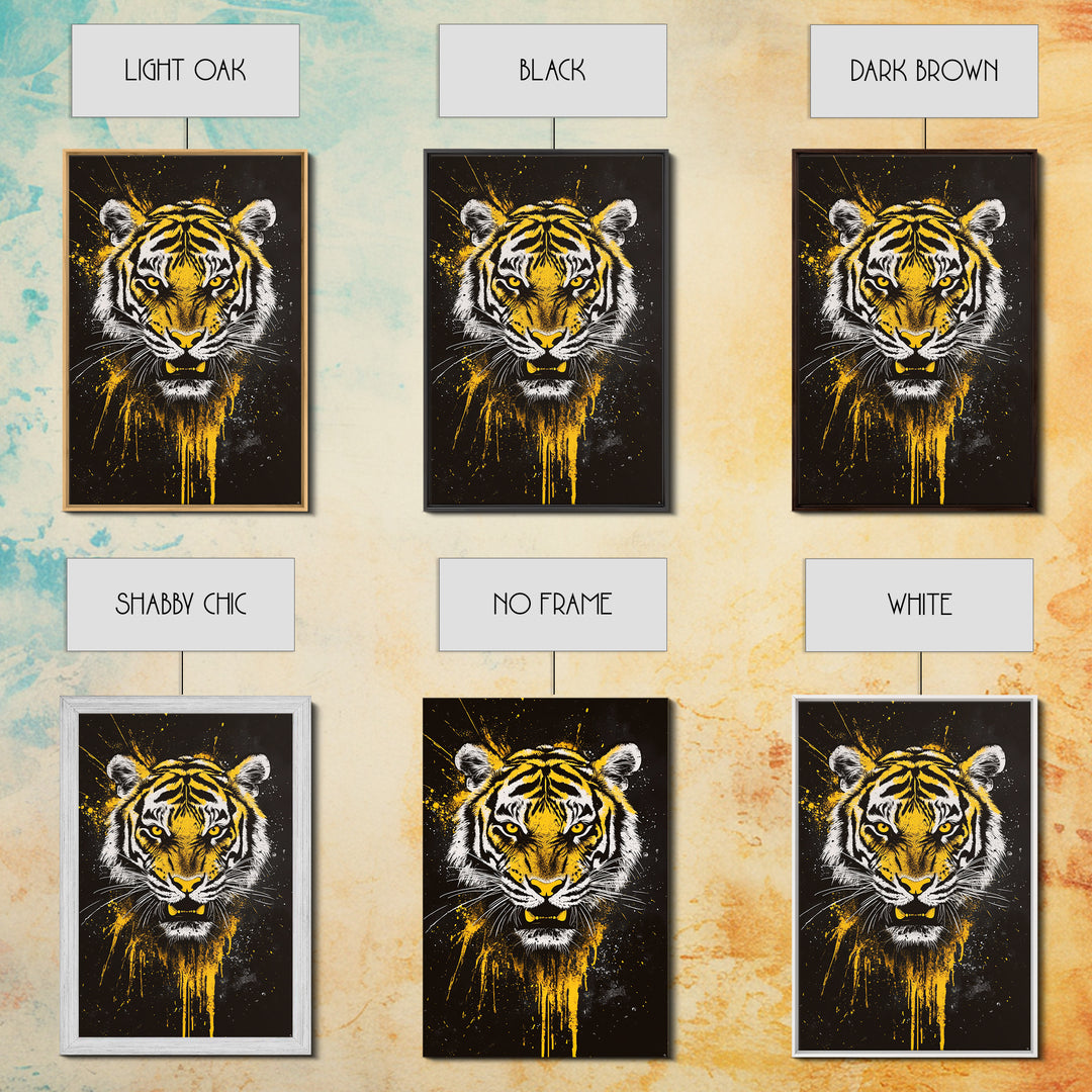 Tiger Face Gold Canvas Print, Wildlife Wall Art, Jungle Animal Artwork, Real Wood Frame, Fierce Predator Home Accent