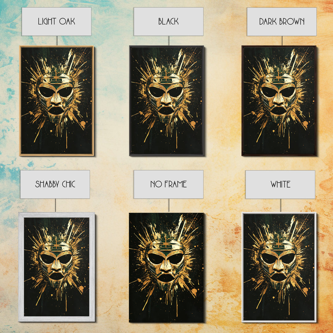 Ancient Warrior Mask Gold Canvas Print, Mythology Wall Decor, Spiritual Protection Art, Real Wood Framed Artwork