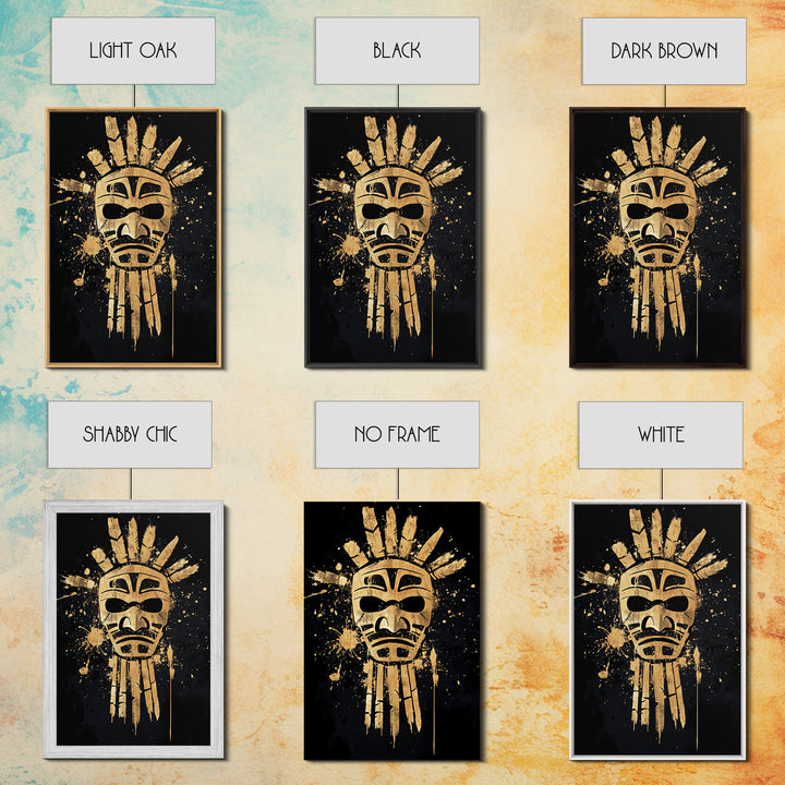 Tribal Sun Mask Gold Canvas Print, Ancestral Wall Art, Sacred Symbol Decor, Real Wood Framed Mystical Gold Artwork