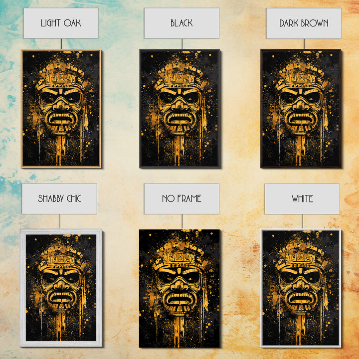 Ancient Tribal Mask Gold Canvas Print, Cultural Art, Bold Splatter Wall Decor, Real Wood Frame, Dramatic Mask Artwork