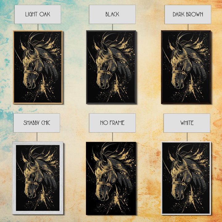 Majestic Horse Gold Canvas Print, Equestrian Wall Art, Splatter Style Decor, Real Wood Frame, Bold Animal Artwork