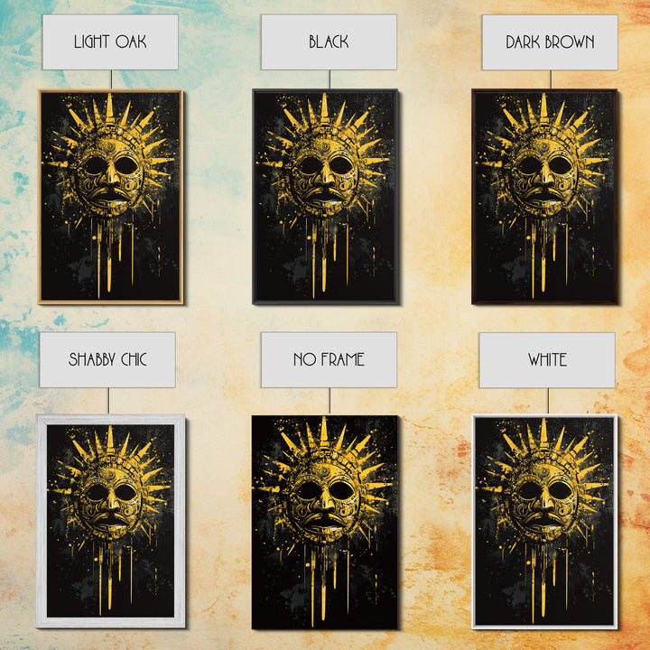 Aztec Sun God Mask Gold Canvas Print, Tribal Wall Art With Real Wood Frame, Ancient Culture Decor, Bold Artwork