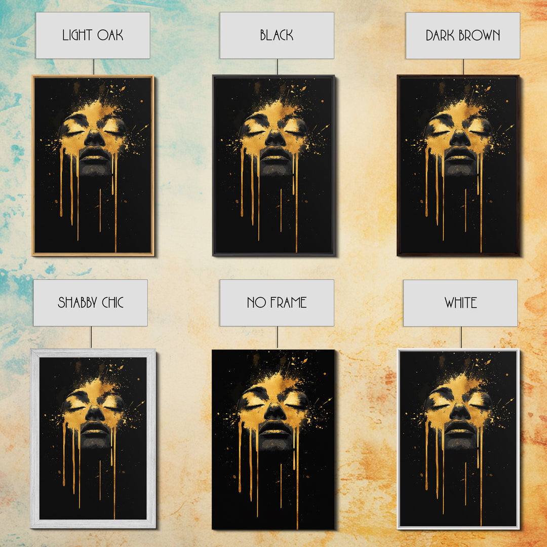 Golden Face Gold Canvas Art, Modern Wall Print With Real Wood Frame, Abstract Portrait, Splatter Style Cultural Decor