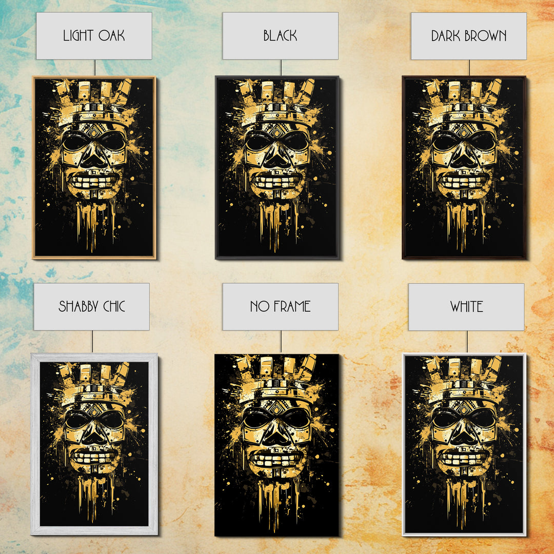 Ancient Warrior Mask Gold Canvas Print, Bold Wall Art With Real Wood Frame, Cultural Splatter Style Home Decor
