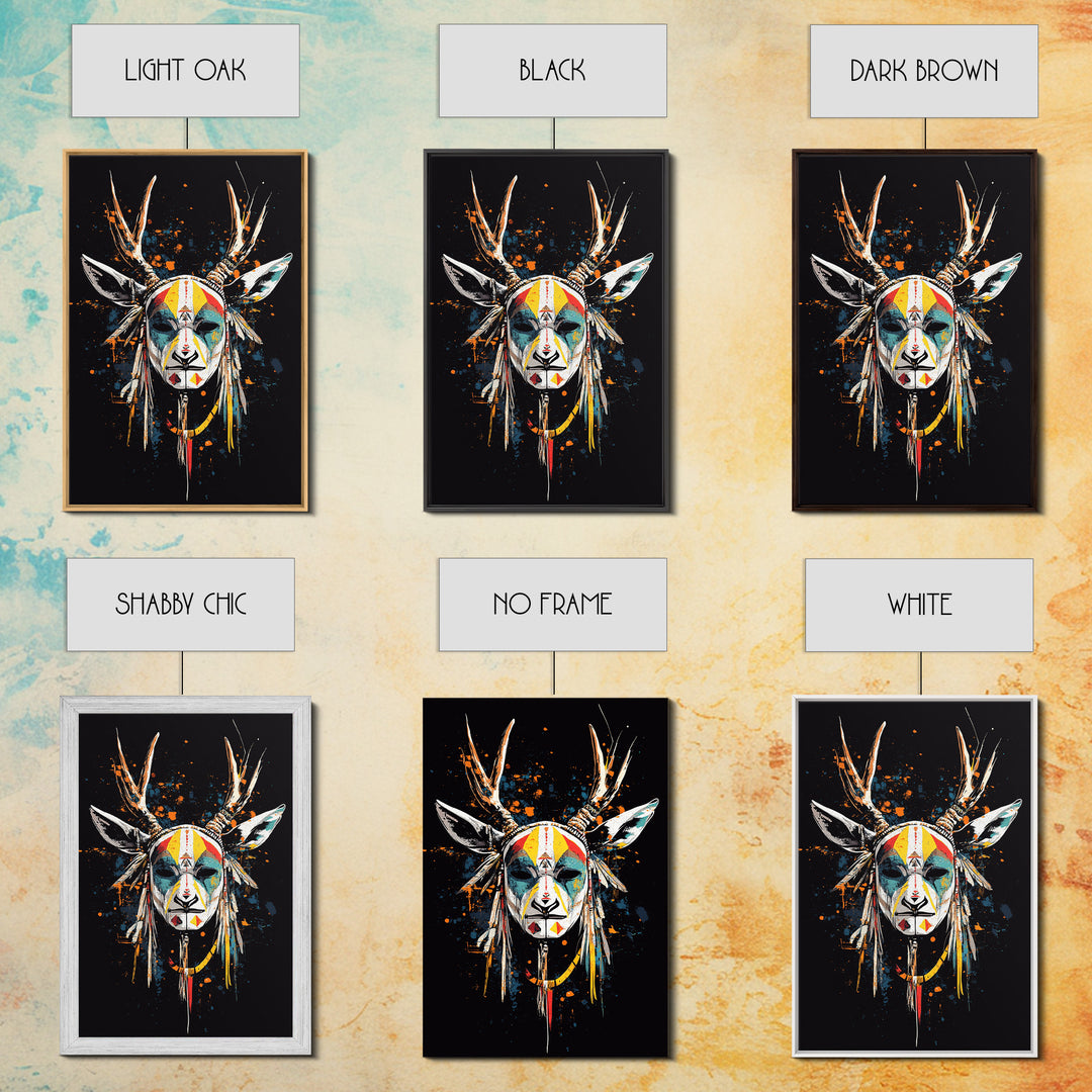 Deer Horn Mask Gold Canvas Print, Tribal Wall Art With Real Wood Frame, Ethnic Splatter Style Bold Wall Accent