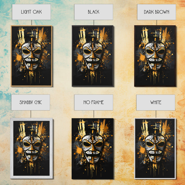 Tribal Warrior Mask Gold Canvas Print, Fierce Mask Art, Bold Wall Decor, Real Wood Frame, Dramatic Splatter Effect Artwork