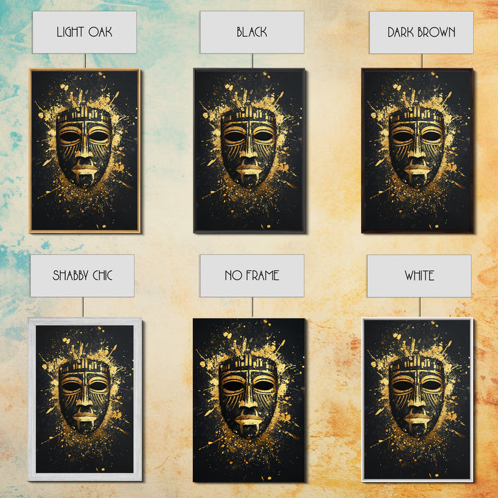 Mystical Tribal Mask Gold Canvas Print, Abstract Wall Art, Bold Statement Decor, Real Wood Frame, Unique Splatter Inspired Artwork