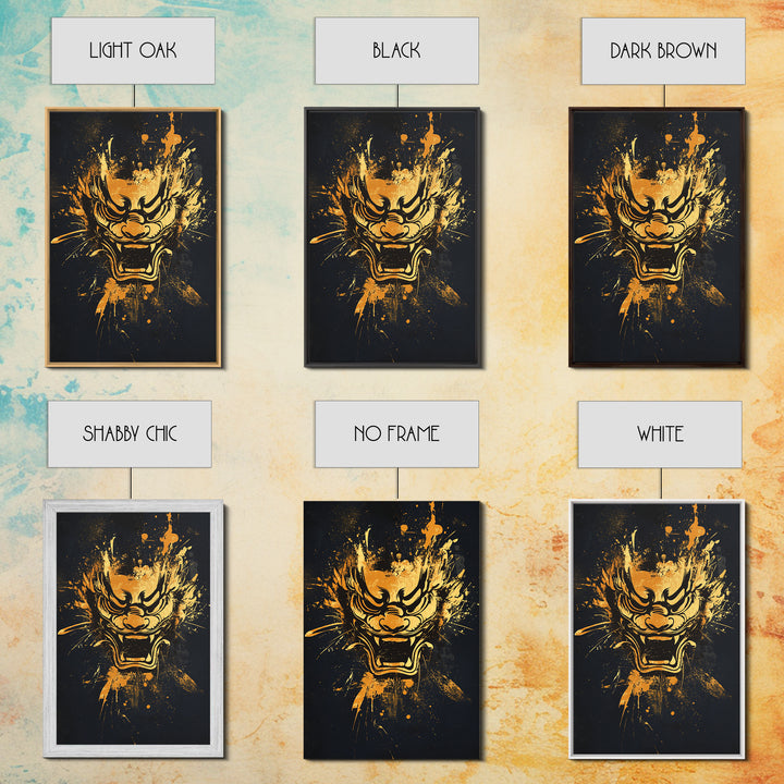 Mythical Dragon Face Gold Canvas Print, Asian Inspired Art, Fierce Wall Decor, Real Wood Frame, Splatter Style Statement Artwork