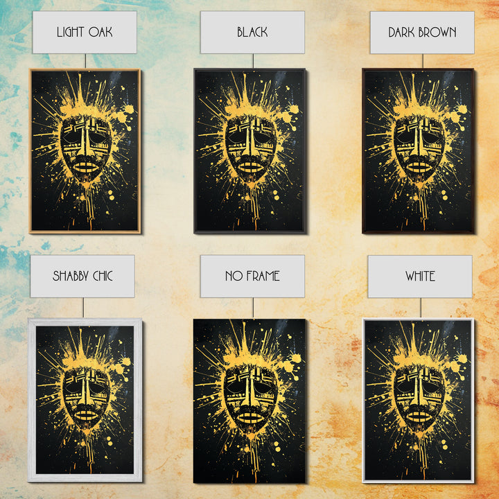Tribal Mask Gold Canvas Print, Ethnic Wall Art, Real Wood Frame, Splatter Abstract Face Decor, Modern Tribal Home Accent