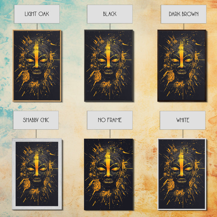 African Goddess Gold Canvas Print, Ethnic Wall Art, Real Wood Frame, Splatter Portrait Art, Bold Tribal Modern Decor