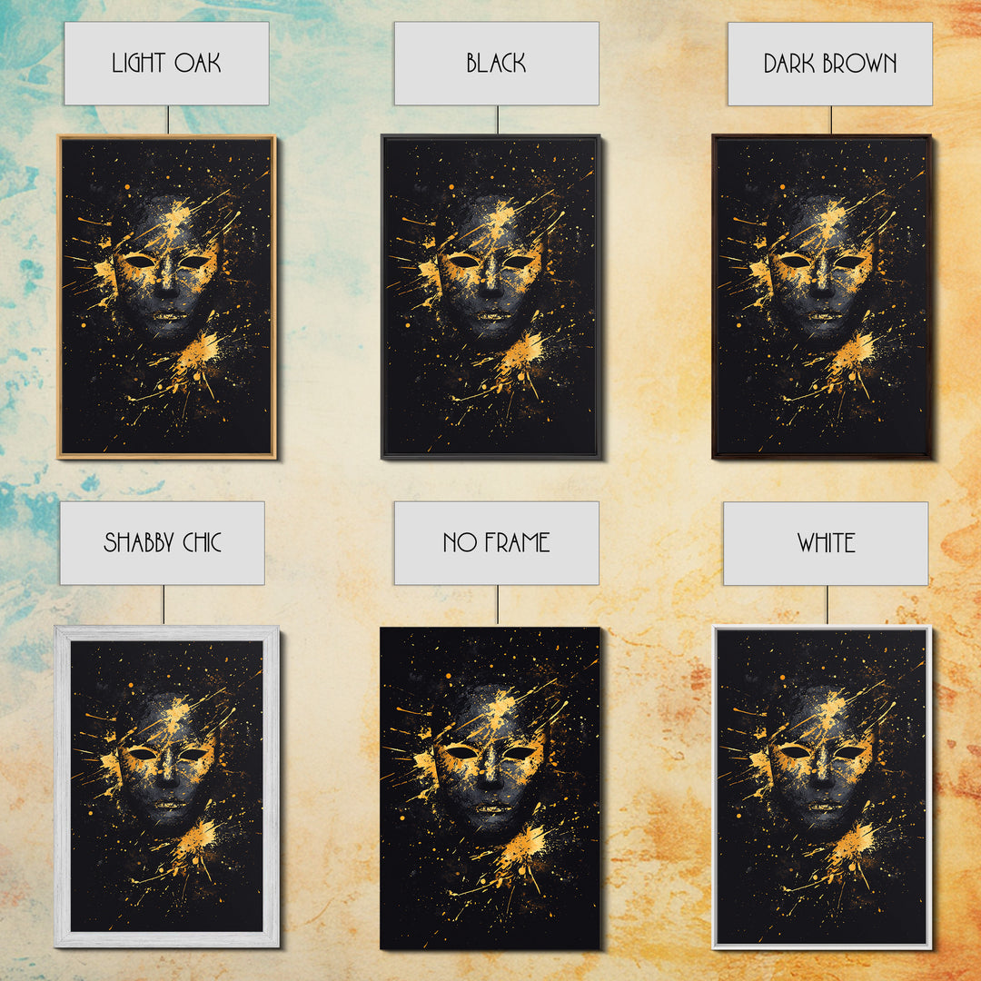 Mystical Face Gold Canvas Print, Tribal Mask Art, Real Wood Frame, Splatter Abstract Decor, Cultural Ethnic Wall Accent