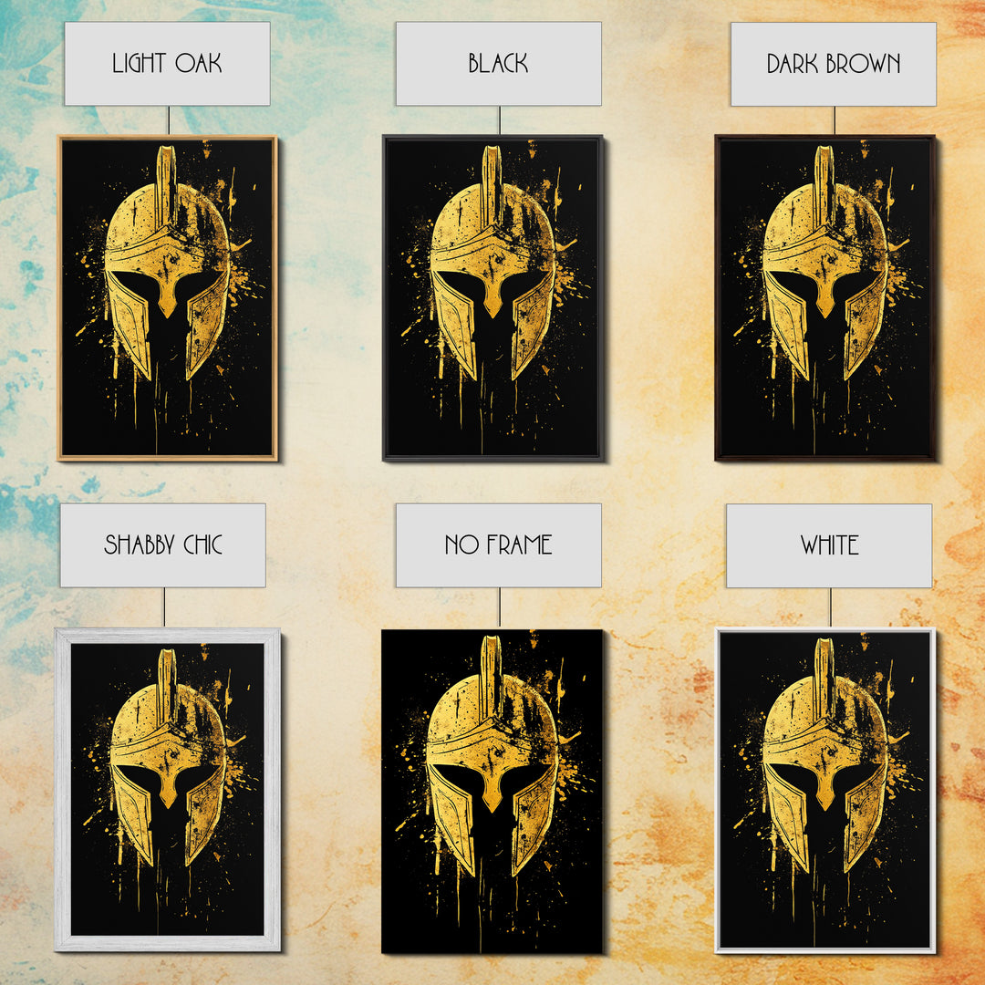 Spartan Helmet Gold Canvas Print, Warrior Wall Art, Real Wood Frame, Bold Historic Decor, Ancient Greek Inspired Artwork