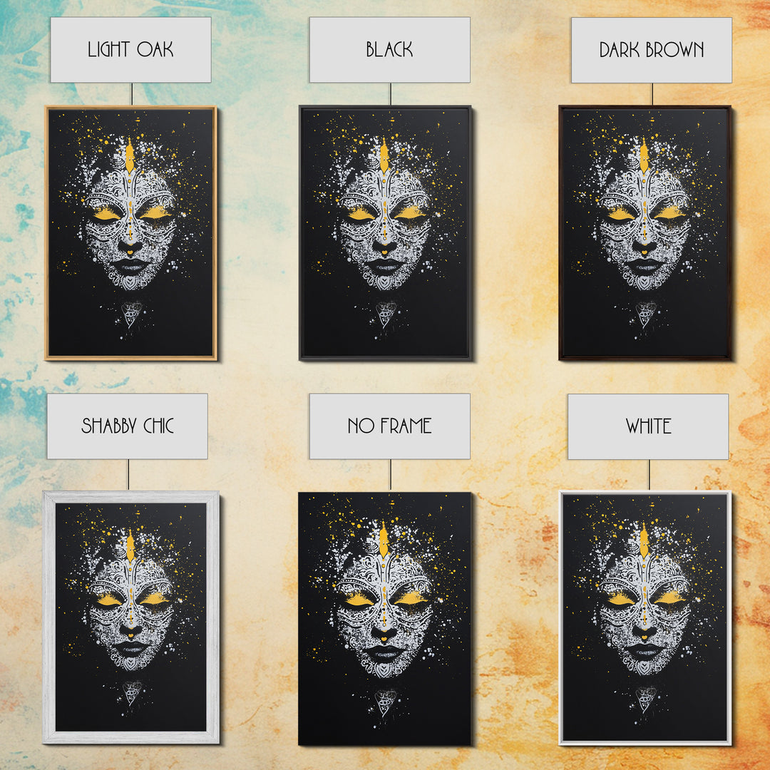 Demon Mask Gold Canvas Print, Tribal Wall Art, Real Wood Frame, Mythical Splatter Art, Cultural Home Decor Accent