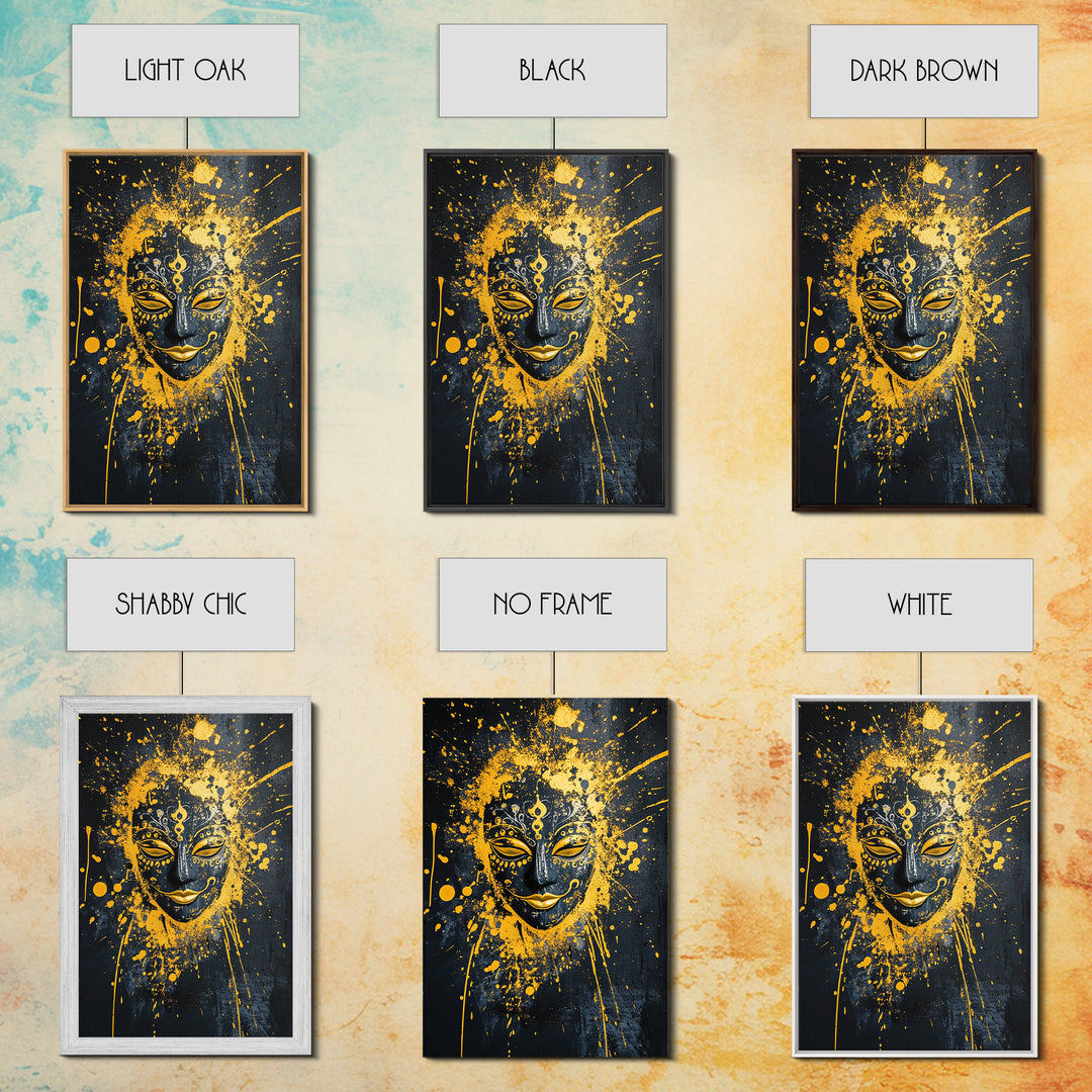 Sacred Mask Gold Canvas Print, Ethnic Wall Art, Real Wood Frame, Mystical Splatter Portrait, Tribal Inspired Home Decor
