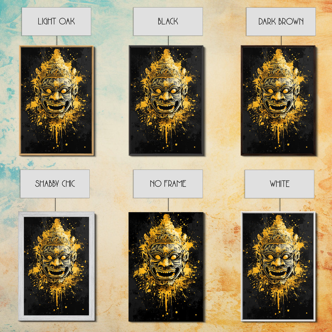 Ornamental Face Gold Canvas Print, Tribal Mask Wall Art, Real Wood Frame, Ethnic Splatter Decor, Cultural Portrait Artwork