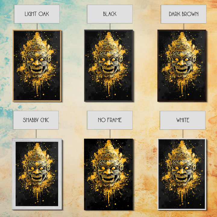 Ornamental Face Gold Canvas Print, Tribal Mask Wall Art, Real Wood Frame, Ethnic Splatter Decor, Cultural Portrait Artwork