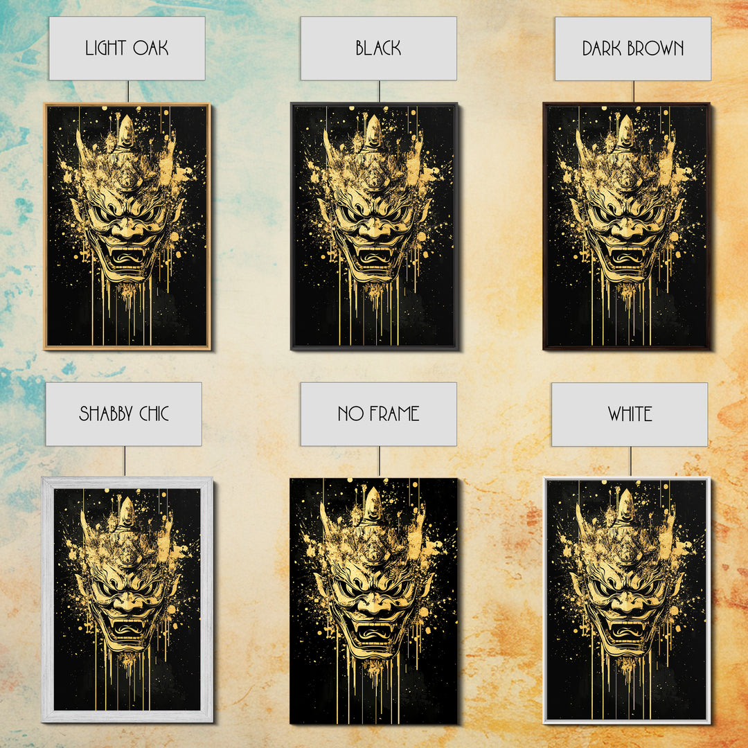 Mythical Demon Splatter Mask, Gold Canvas Print, Bold Wall Art, Real Wood Frame, Fierce Cultural Decor