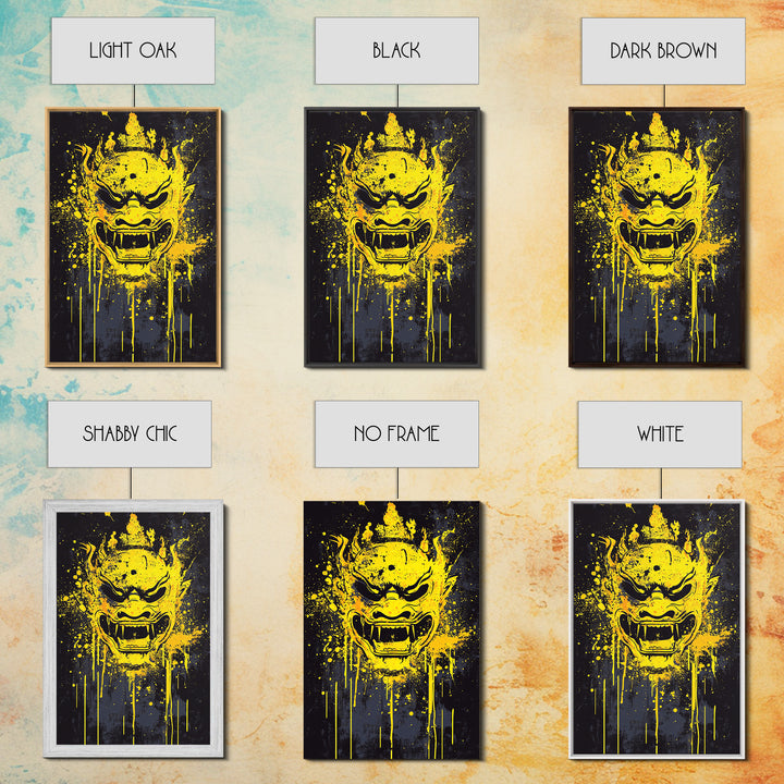 Sacred Mask Splatter Art, Gold Canvas Print, Ethnic Spiritual Wall Decor, Real Wood Frame, Mystical Warrior Artwork