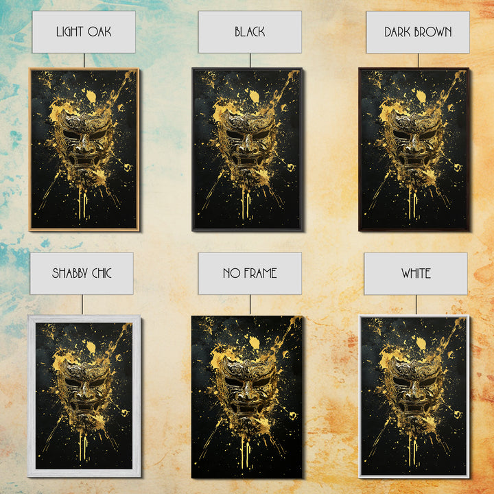 Fierce Demon Mask Gold Canvas Print, Splatter Art Wall Decor, Mythical Wall Art, Real Wood Frame, Tribal Home Accent