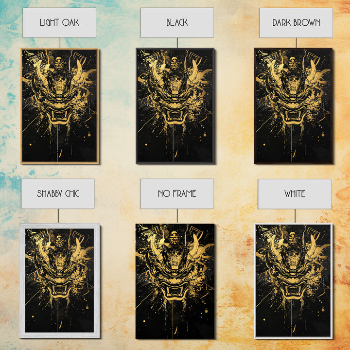 Samurai Demon Mask Gold Canvas Print, Splatter Style Wall Decor, Warrior Inspired Wall Art, Real Wood Frame, Tribal Home Accent