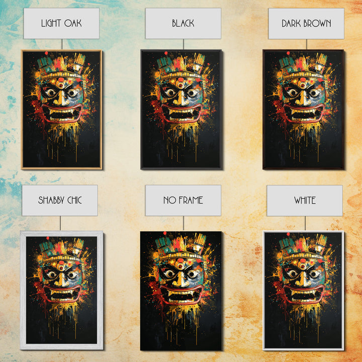 Aztec Warrior Mask Gold Canvas Print, Tribal Wall Art, Splatter Style Decor, Real Wood Frame, Bold Statement Piece