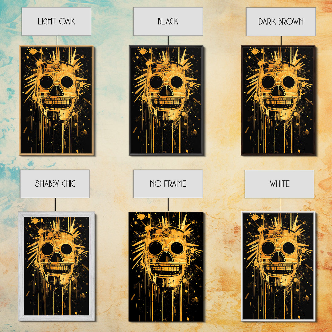 Inca Sun God Mask Gold Canvas Print, Ancient Tribal Wall Art, Splatter Ink Style, Real Wood Frame, Bold Home Decor
