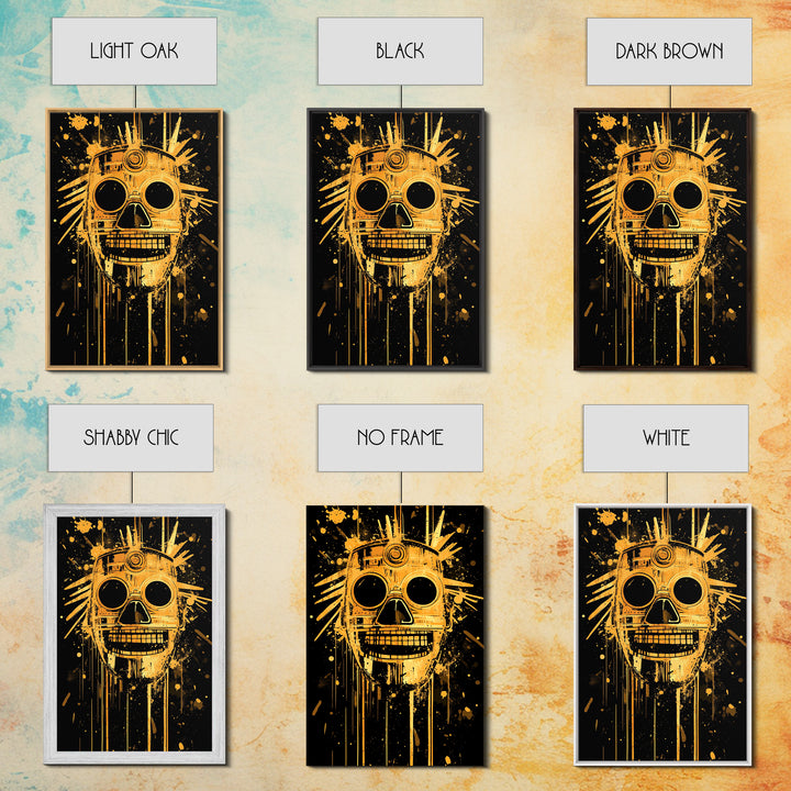 Inca Sun God Mask Gold Canvas Print, Ancient Tribal Wall Art, Splatter Ink Style, Real Wood Frame, Bold Home Decor