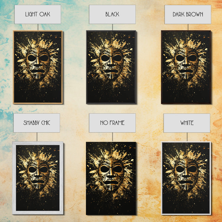 Mayan Ritual Mask Gold Canvas Print, Ancient Tribal Wall Art, Splatter Paint Style, Real Wood Frame, Bold Statement Decor