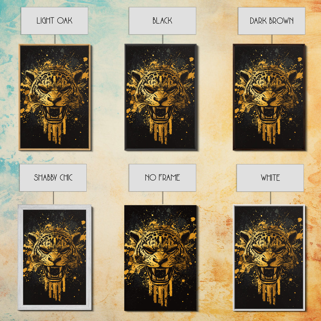 Jaguar Warrior Gold Canvas Print, Aztec Animal Spirit Wall Art, Splatter Ink Style, Real Wood Frame, Fierce Tribal Decor