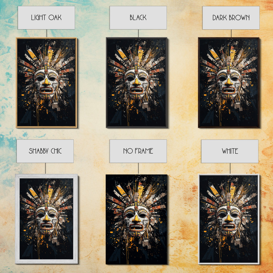Aztec Feather Headdress Gold Canvas Print, Ornate Tribal Face Artwork, Mythic Wall Decor, Real Wood Frame