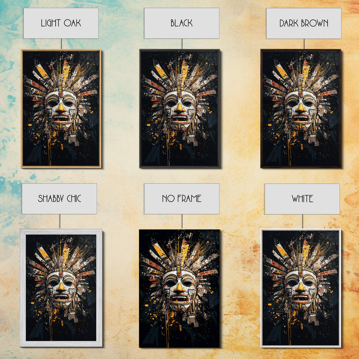 Aztec Feather Headdress Gold Canvas Print, Ornate Tribal Face Artwork, Mythic Wall Decor, Real Wood Frame