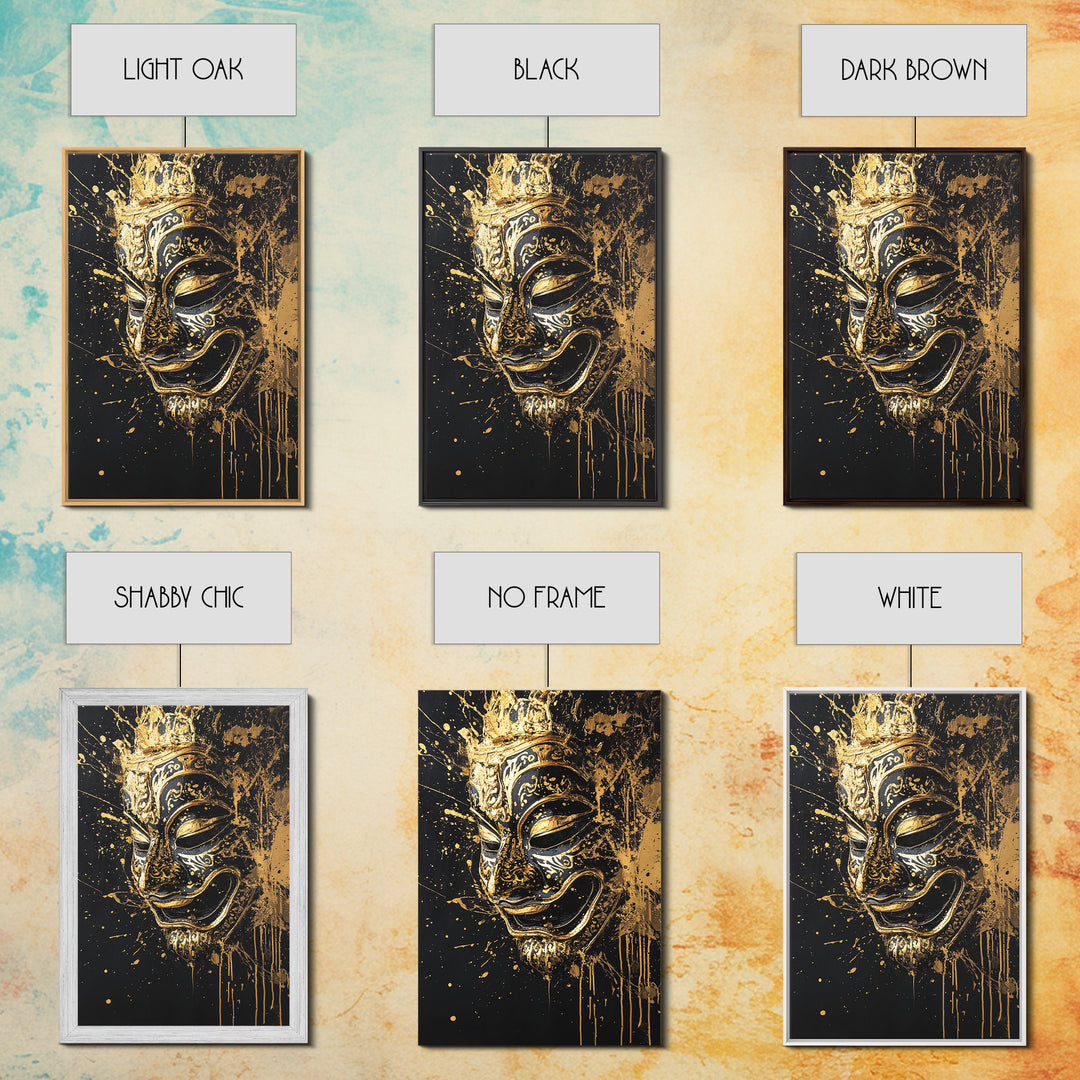 Traditional Mask Gold Canvas Art, Intricate Wall Art, Cultural Spirit Artwork, Real Wood Frame, Unique Splatter Pattern Home Decor