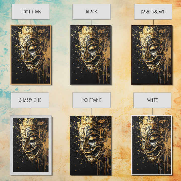 Traditional Mask Gold Canvas Art, Intricate Wall Art, Cultural Spirit Artwork, Real Wood Frame, Unique Splatter Pattern Home Decor
