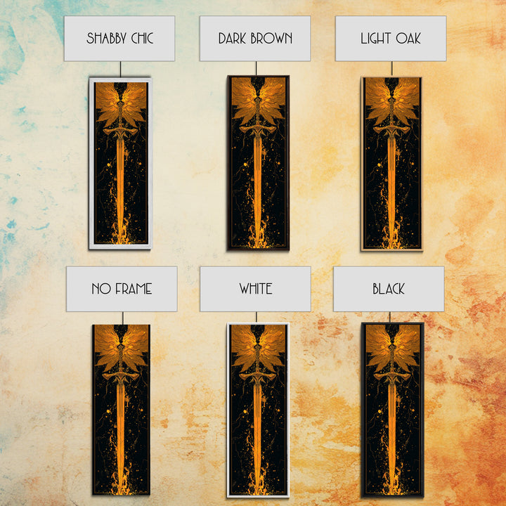 Norse Viking Sword Canvas Gold Art, Nordic Mythology Canvas Art Featuring Golden Weapon, Man Cave Office Wall Decor with Elegant Natural Wood Frame