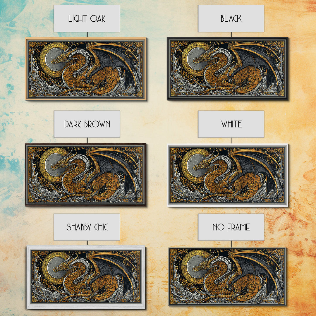 Nidhogg Dragon Canvas Gold Art Canvas Art Norse Mythology Wall Decor with Real Wood Frame, Viking Man Cave or Office Gift