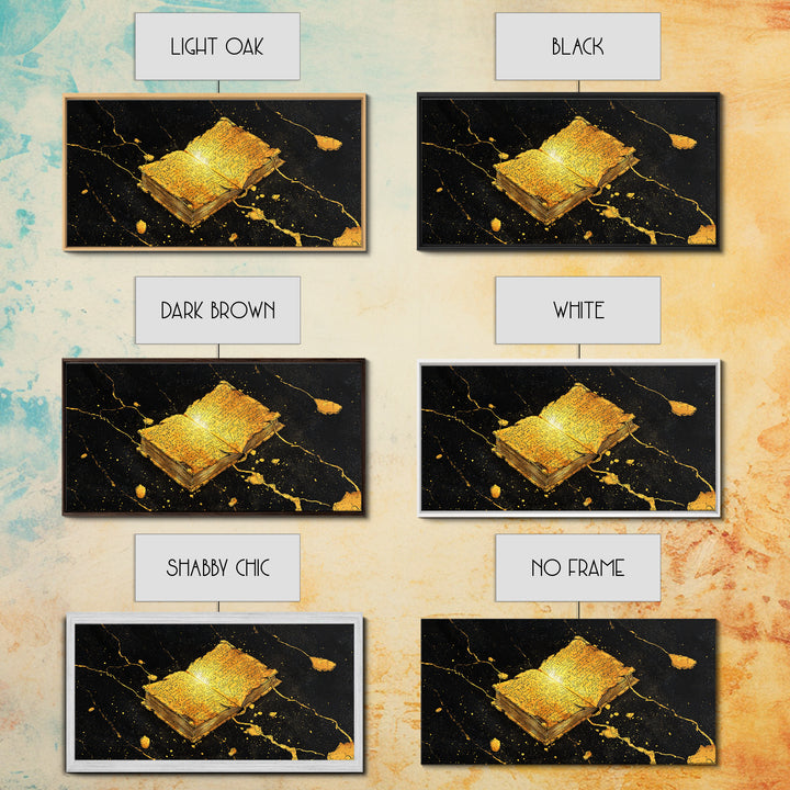 Ancient Nordic Runes Book Canvas Gold Art Canvas Art with Cosmic Background, Viking Mythology Wall Decor, Real Wood Frame
