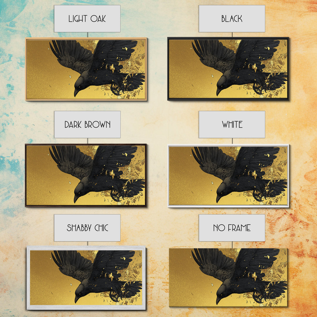 Odin’s Raven Huginn Canvas Gold Art Canvas Art Norse Mythology Wall Decor with Natural Wood Frame, Man Cave or Office Gift