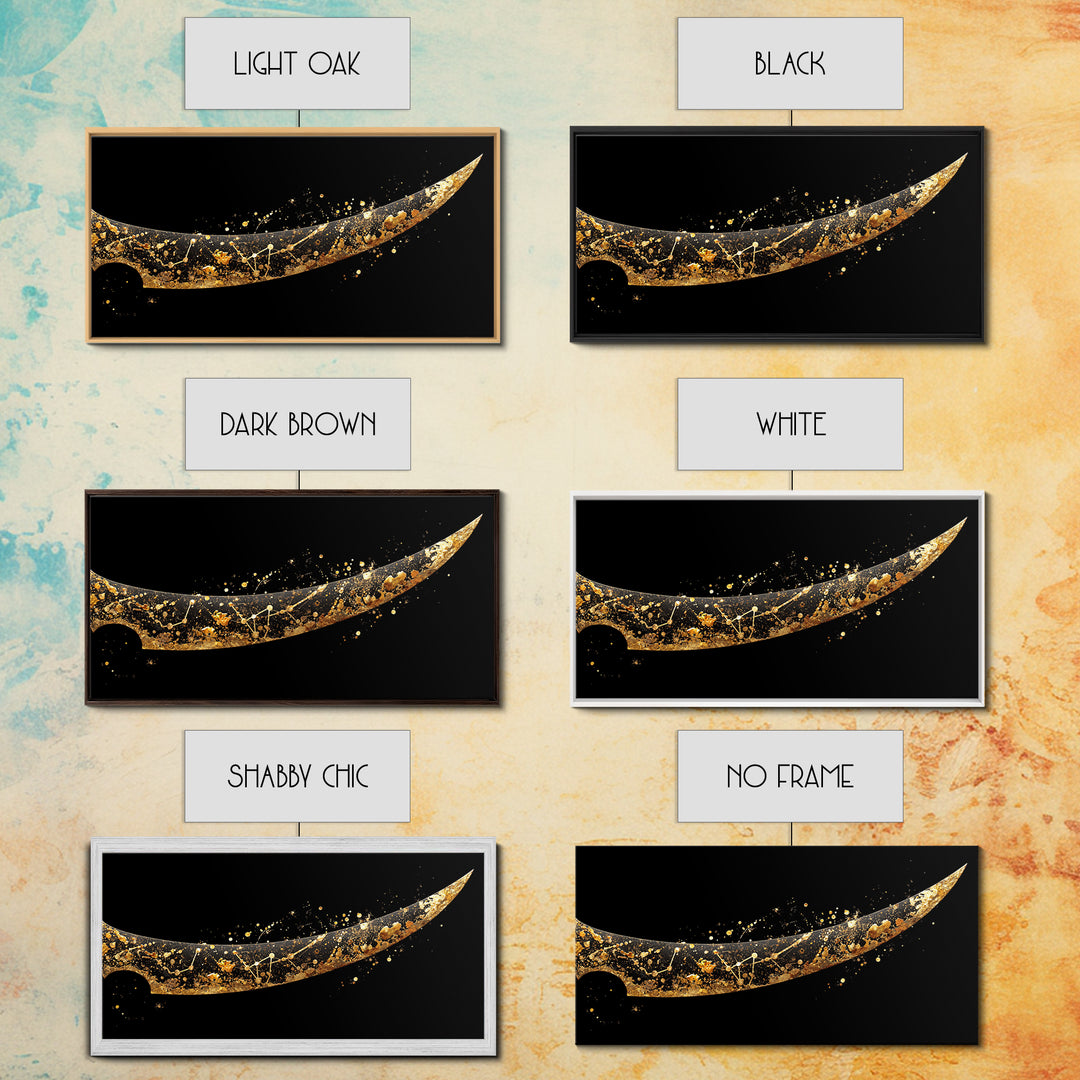 Curved Viking Blade Canvas Gold Art, Nordic Mythology Canvas Art Sword Print, Man Cave Wall Decor with real wood frame, warrior gift