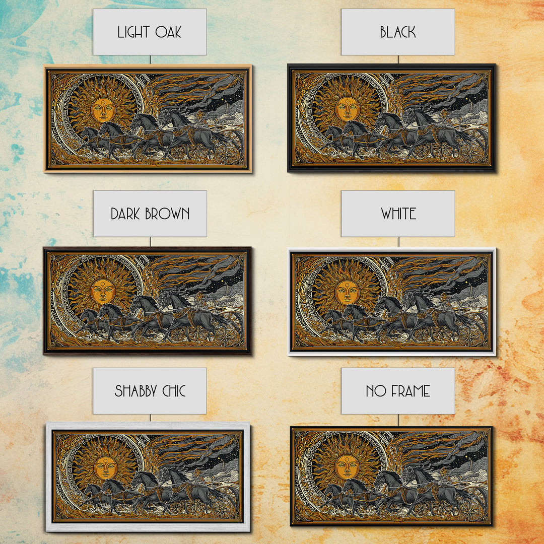 Sun Chariot of Sol Canvas Gold Art, Norse Mythology Canvas Art Wall Hanging, Viking Decor for Dad Gift, framed in authentic wood