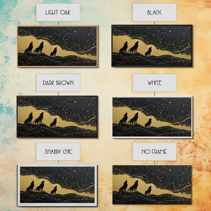 Howling Wolves Canvas Gold Art Norse Canvas Art Nordic Mythology Wall Decor with real wood frame, Man Cave Accent, Office Art