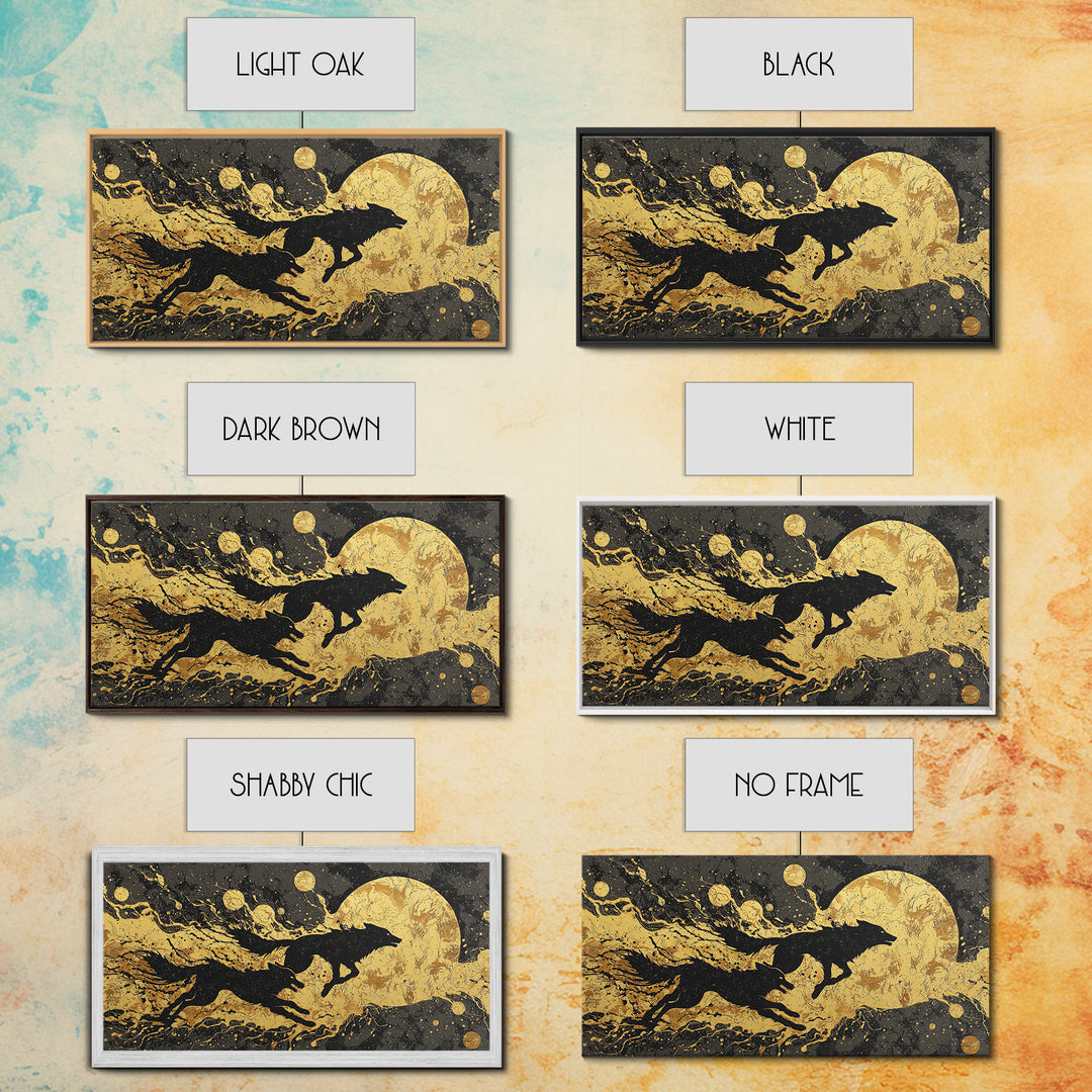 Fenrir Wolf Canvas Gold Art Norse Mythology Canvas Art, Viking Beast of Ragnarok Wall Decor for Office or Man Cave in wood frame