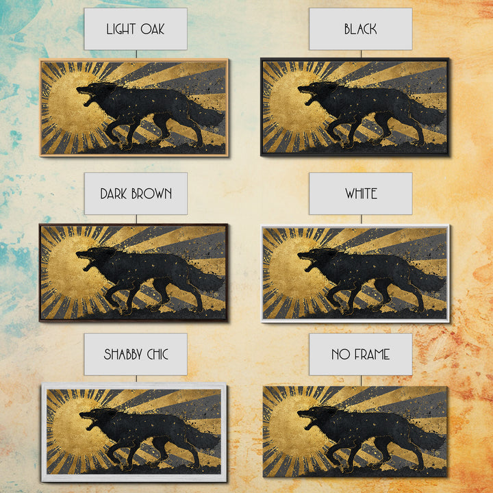 Hati and Sköll Wolves Canvas Gold Art Norse Mythology Canvas Art, Viking Sun and Moon Chase Wall Decor framed in real wood